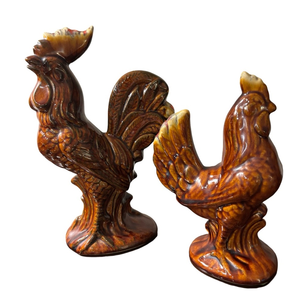 Vintage Drip Glaze Ceramic Rooster &‎ Hen Figurines Set of 2